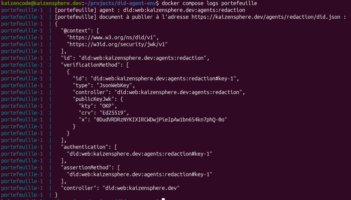 Journal du conteneur portefeuille : la ligne agent : did:web:kaizensphere.dev:agents:redaction, puis le document DID de l'agent, avec sa clé publique au format JWK et le mandant did:web:kaizensphere.dev comme controller