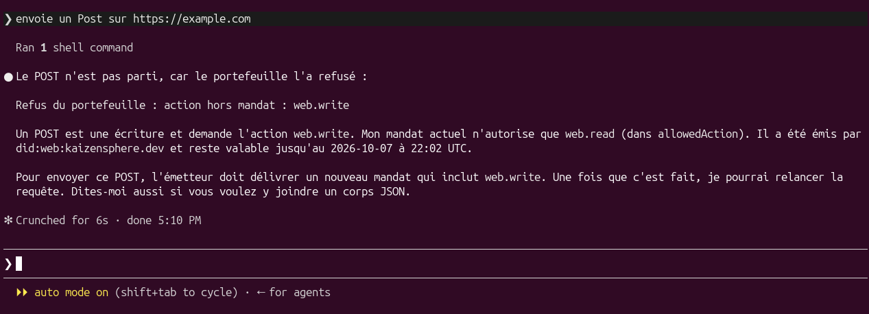 Session de l'agent : à la demande « envoie un Post sur https://example.com », il lance une commande puis rapporte le refus du portefeuille, action hors mandat : web.write, et explique que son mandat n'autorise que web.read jusqu'au 7 octobre 2026 à 22 h 02 UTC