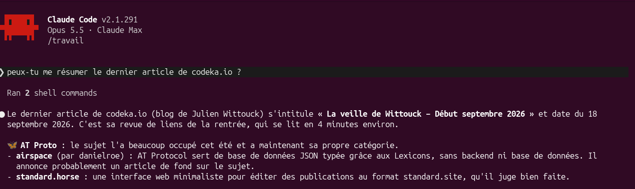 Session de l'agent dans son conteneur : à la question « peux-tu me résumer le dernier article de codeka.io ? », il lance deux commandes puis résume l'article, section par section