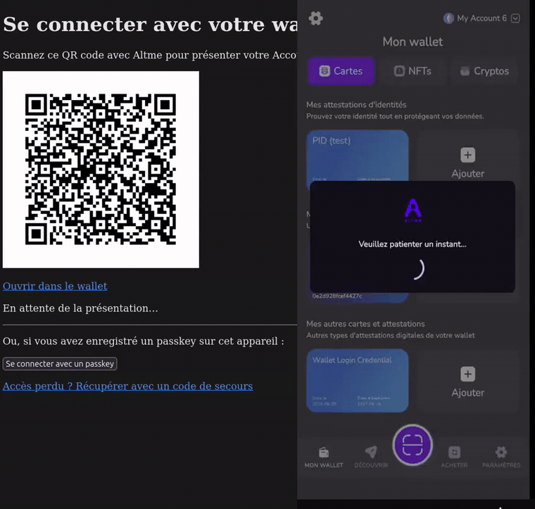 Démo côte à côte : à droite le wallet présente l'AccountCredential, à gauche le navigateur ouvre la session avec la note conservée, puis le wallet journalise la présentation