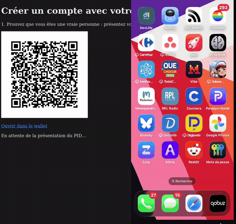 Démo côte à côte : à droite le wallet Altme présente le PID, à gauche le navigateur affiche le compte créé, les codes de secours, puis la session connectée et la note enregistrée