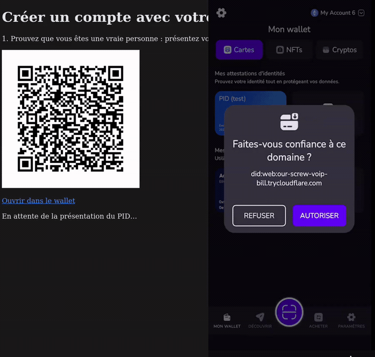 Démo côte à côte : à droite le wallet re-présente le PID, à gauche le navigateur recrée le compte puis rouvre la session avec le même user_id et la note test-alice entourée en rouge