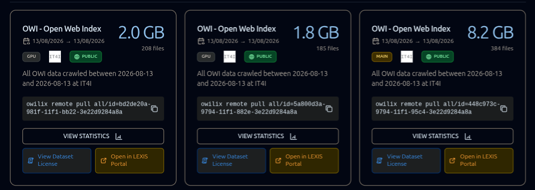 Trois fiches de lots publiés sur le portail, portant les mentions GPU et MAIN, leur taille en gigaoctets, leur nombre de fichiers et la commande owilix remote pull correspondante