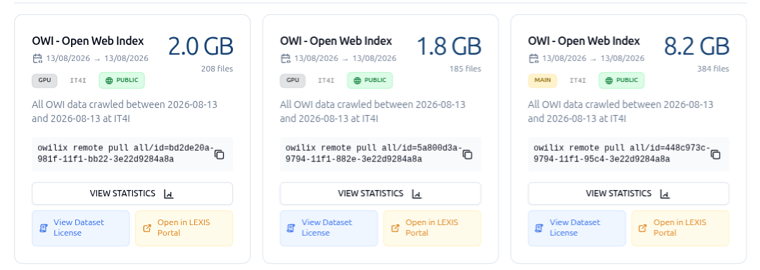 Trois fiches de lots publiés sur le portail, portant les mentions GPU et MAIN, leur taille en gigaoctets, leur nombre de fichiers et la commande owilix remote pull correspondante