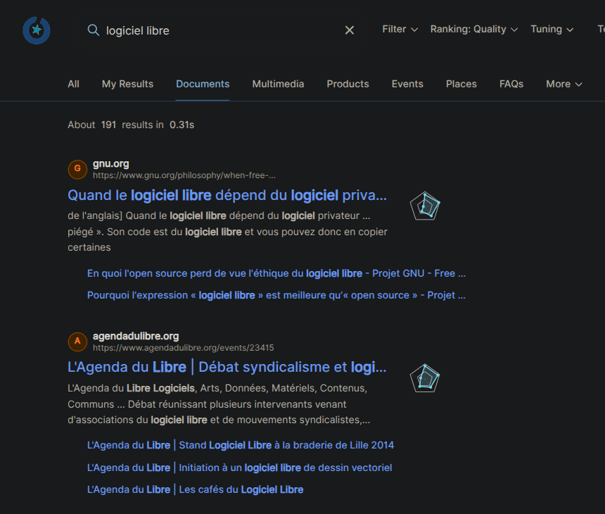 Interface du moteur OURRS pour la requête logiciel libre : environ 191 résultats rendus en moins d'une seconde, avec des pages de gnu.org et de l'Agenda du Libre
