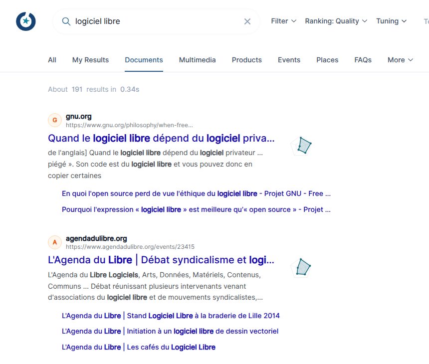 Interface du moteur OURRS pour la requête logiciel libre : environ 191 résultats rendus en moins d'une seconde, avec des pages de gnu.org et de l'Agenda du Libre